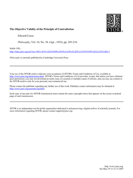 The Objective Validity of the Principle of Contradiction Edward Conze