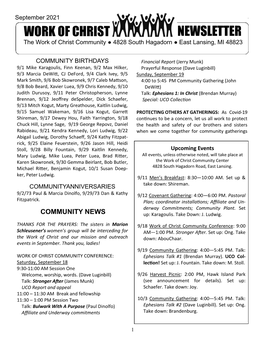 NEWSLETTER the Work of Christ Community ● 4828 South Hagadorn ● East Lansing, MI 48823