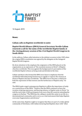 News: Callam Calls on Baptists Worldwide to Unite Baptist World