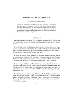RIEMANN and HIS ZETA FUNCTION 1. Biography Bernhard Riemann