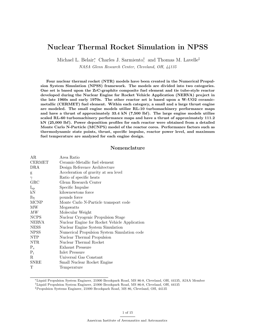 Nuclear Thermal Rocket Simulation in NPSS