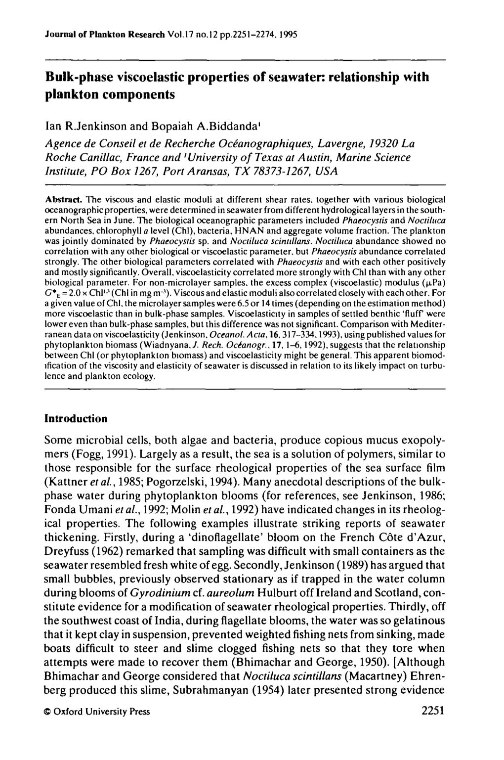 Bulk-Phase Viscoelastic Properties of Seawater: Relationship with Plankton Components