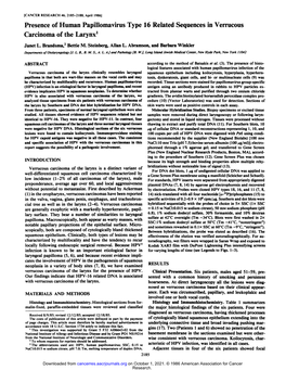 Presence of Human Papillomavirus Type 16 Related Sequences in Verrucous Carcinoma of the Larynx'