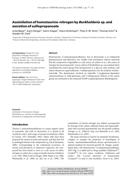 Assimilation of Homotaurine-Nitrogen by Burkholderia Sp. and Excretion of Sulfopropanoate Jutta Mayer1, Karin Denger1, Katrin Kaspar2, Klaus Hollemeyer3, Theo H