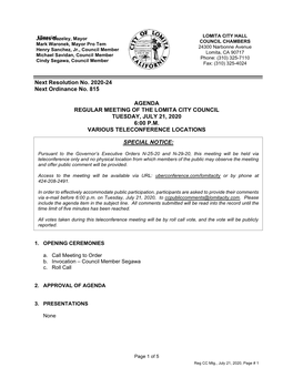 Agenda Regular Meeting of the Lomita City Council Tuesday, July 21, 2020 6:00 P.M