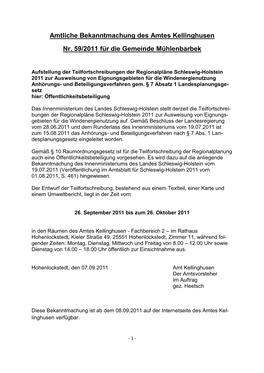 Amtliche Bekanntmachung Des Amtes Kellinghusen Nr. 59/2011 Für Die Gemeinde Mühlenbarbek