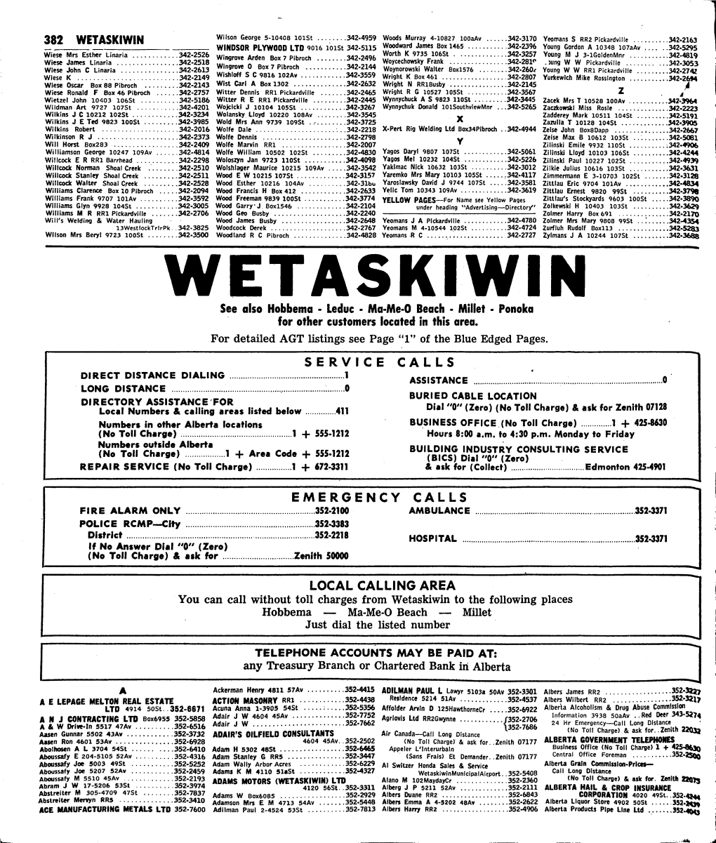 WETASKIWIN Woods Murray 4-10827 Looaav 342-3170 Yeomans S RR2 Pickardville