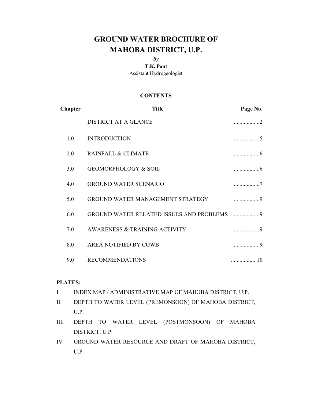 GROUND WATER BROCHURE of MAHOBA DISTRICT, U.P. by T.K