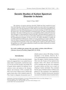 Genetic Studies of Autism Spectrum Disorder in Asians