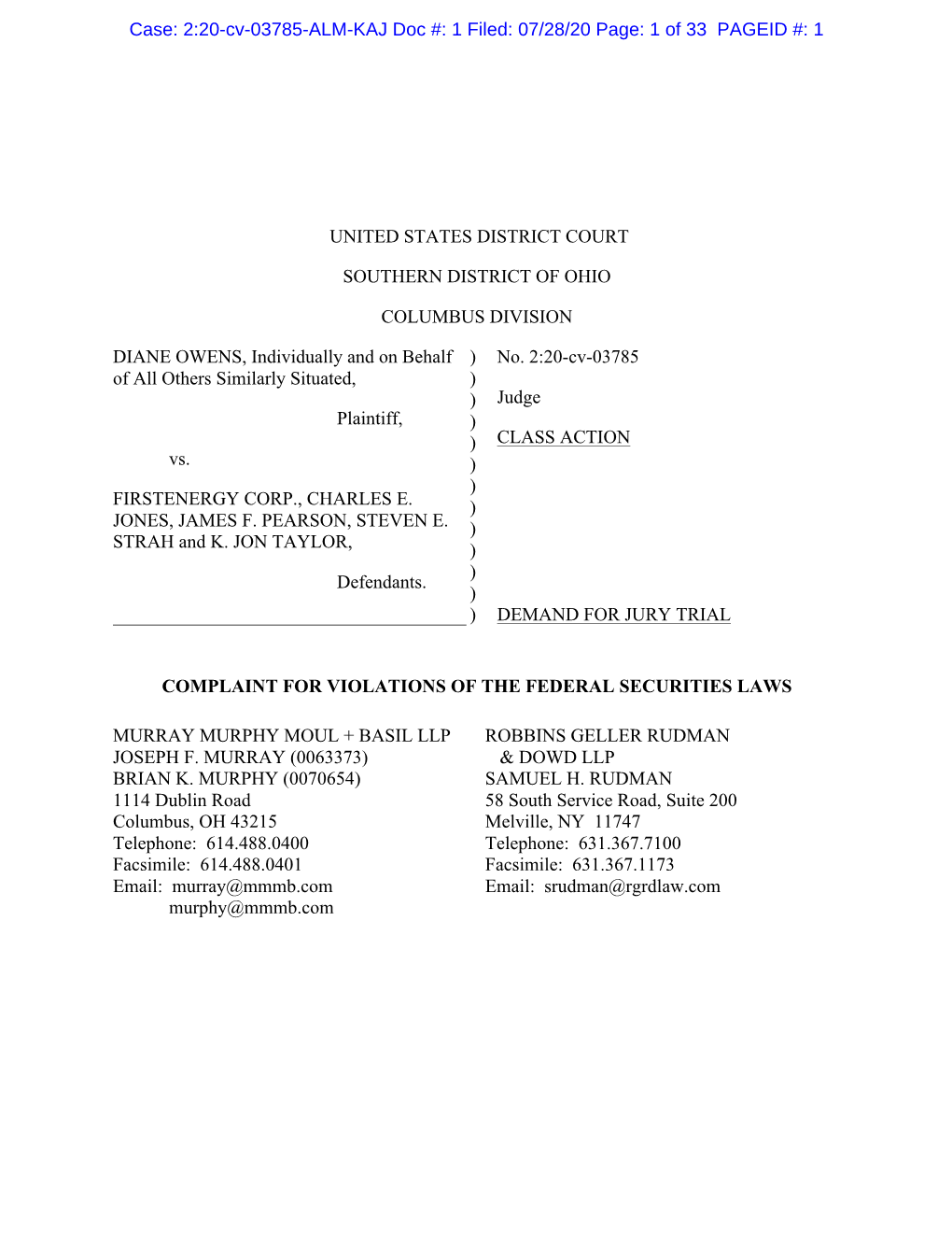 Diane Owens, Et Al. V. Firstenergy Corp., Et Al. 20-CV-03785