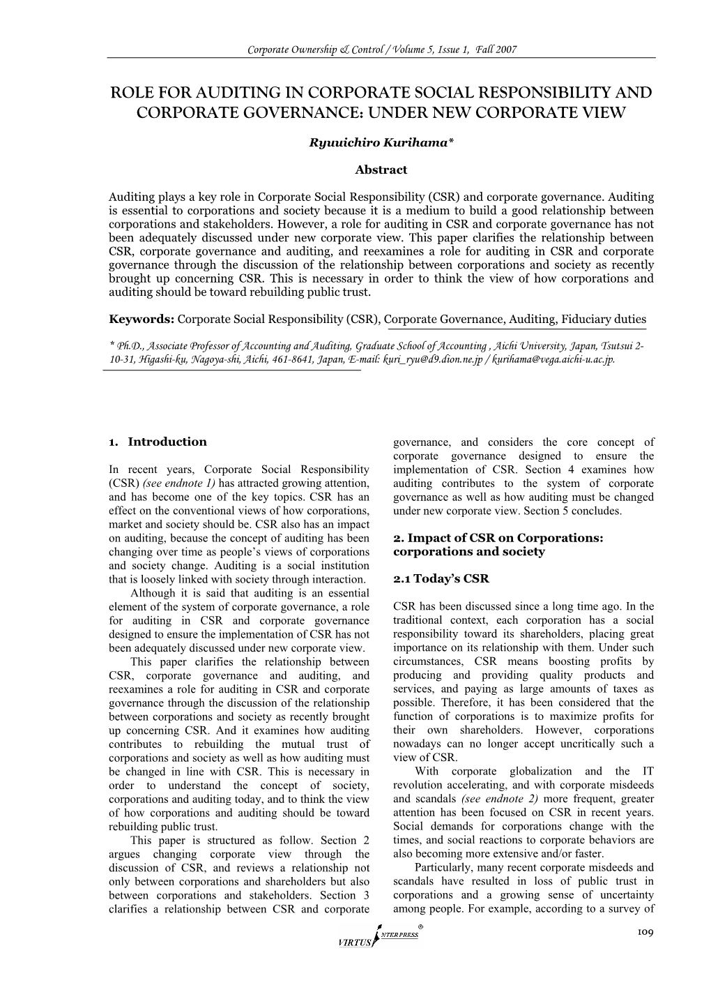 Role for Auditing in Corporate Social Responsibility and Corporate Governance: Under New Corporate View