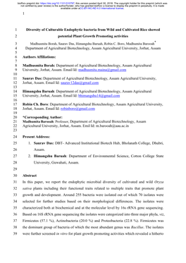 1 Diversity of Culturable Endophytic Bacteria from Wild and Cultivated Rice Showed 2 Potential Plant Growth Promoting Activities