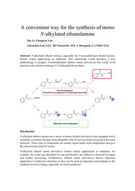 A Convenient Way for the Synthesis of Mono N-Alkylated Ethanolamine Zhe Li, Changren Yan Advenchen Lab