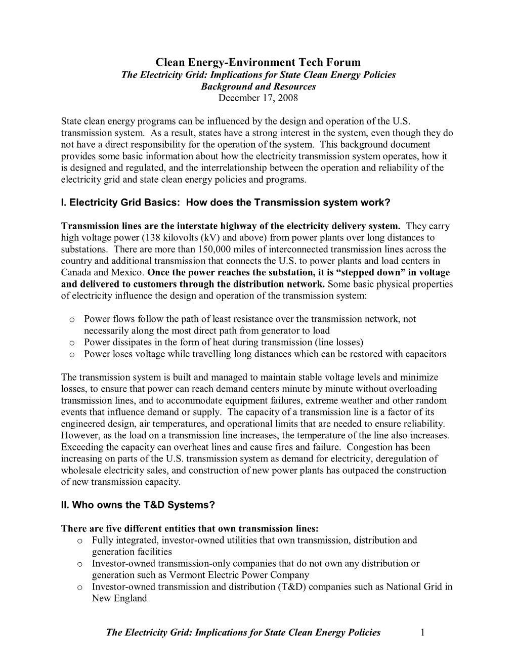 The Electricity Grid: Implications for State Clean Energy Policies Background and Resources December 17, 2008