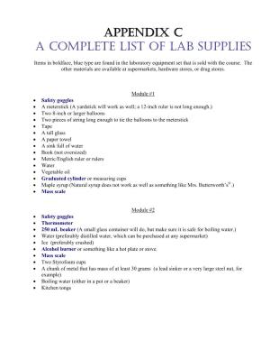 Appendix C a Complete List of Lab Supplies