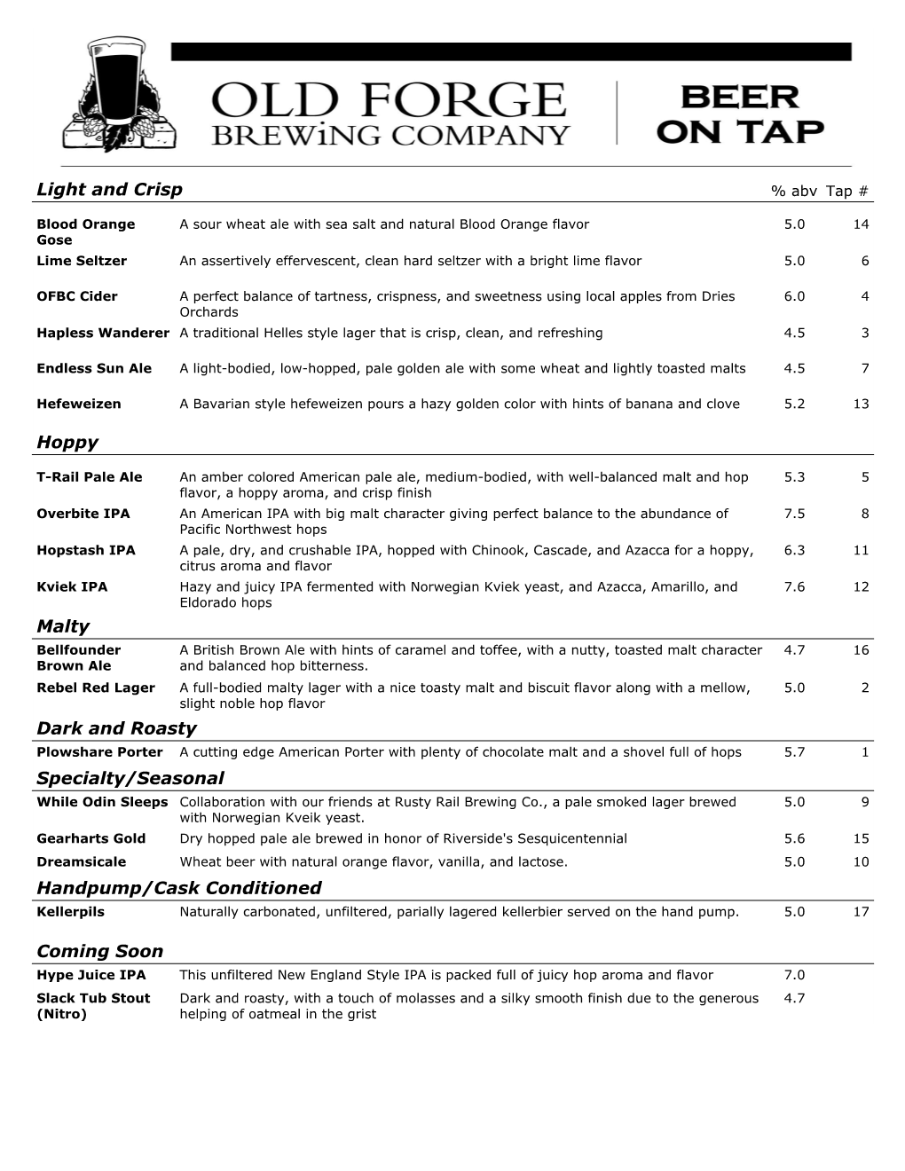 OFBC Pub Beer Menu