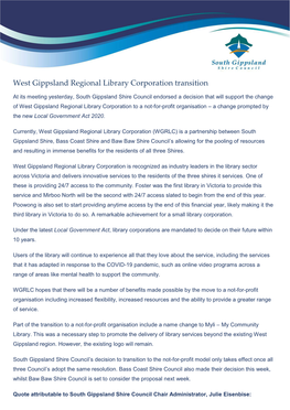 West Gippsland Regional Library Corporation Transition