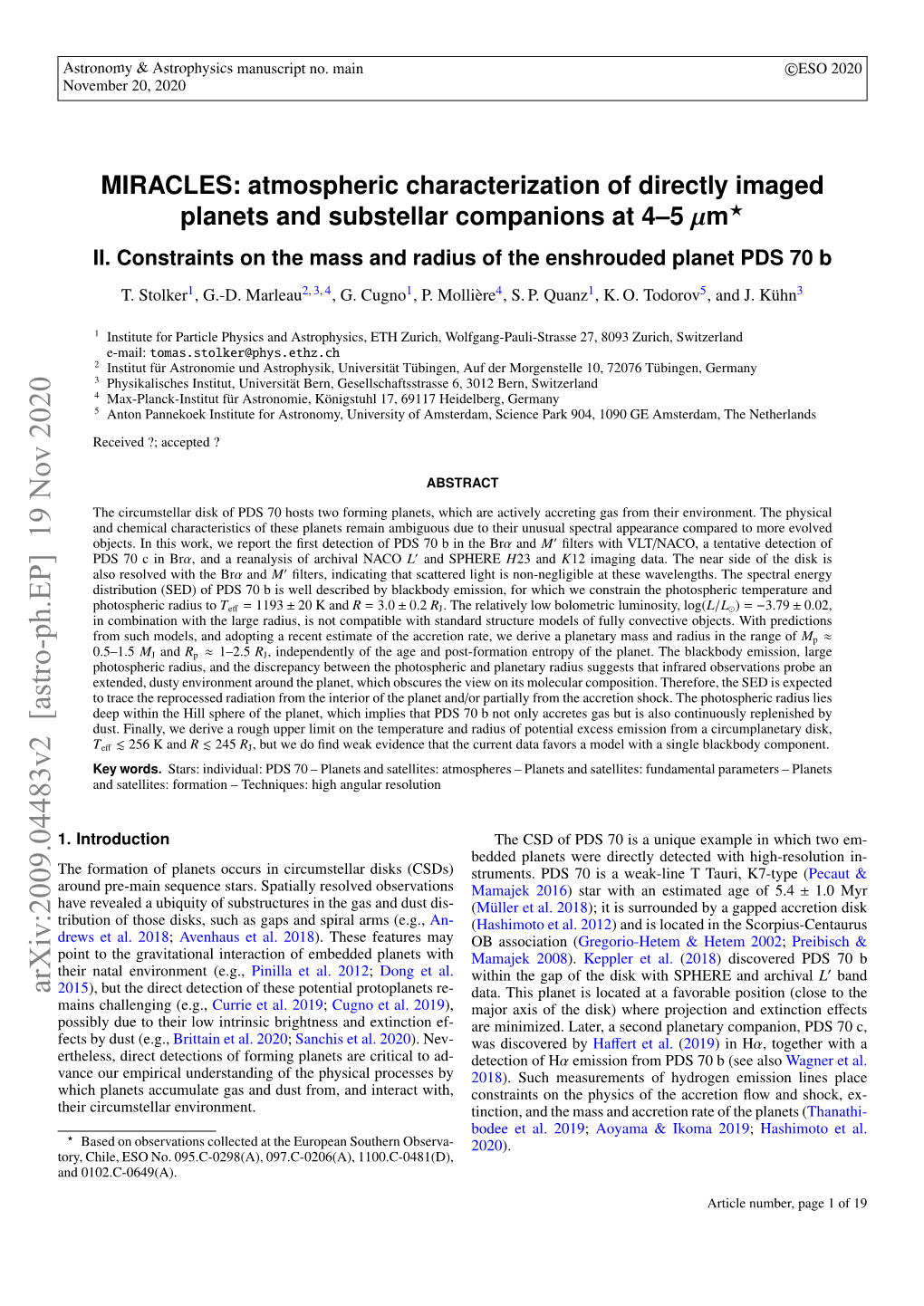 Arxiv:2009.04483V2 [Astro-Ph.EP] 19 Nov 2020 2015), but the Direct Detection of These Potential Protoplanets Re- Data