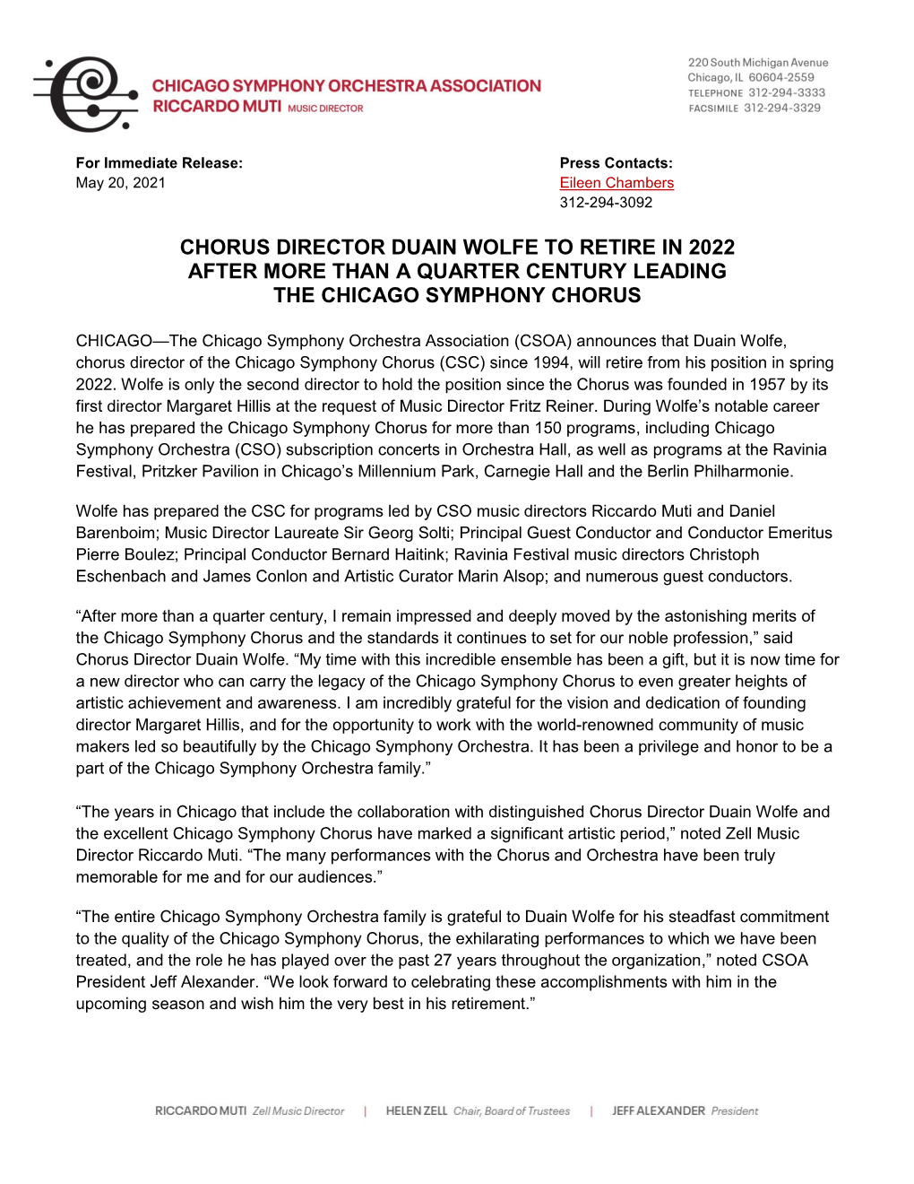 Chorus Director Duain Wolfe to Retire in 2022 After More Than a Quarter Century Leading the Chicago Symphony Chorus