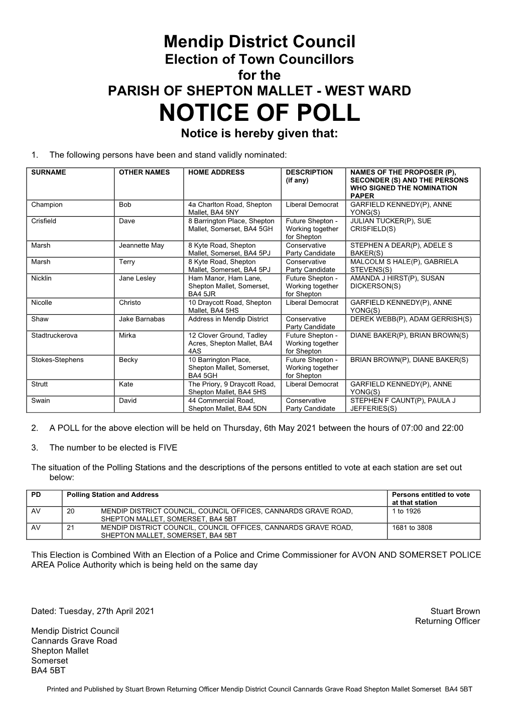 Notice of Poll for the Parish of Shepton Mallet