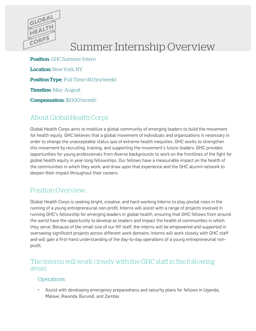 Summer Internship Overview Position: GHC Summer Intern