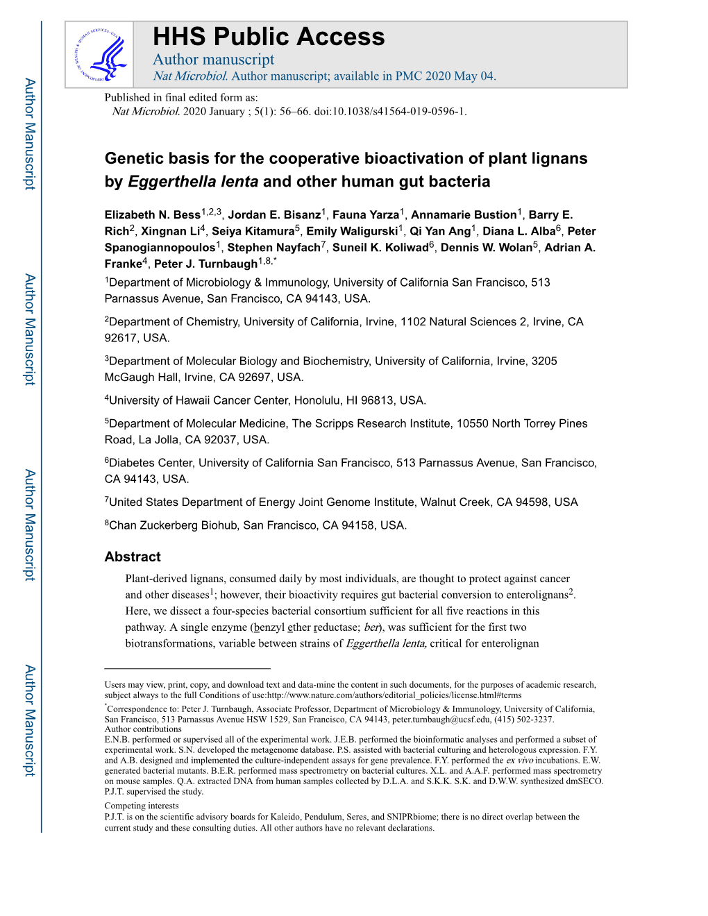 Genetic Basis for the Cooperative Bioactivation of Plant Lignans by Eggerthella Lenta and Other Human Gut Bacteria