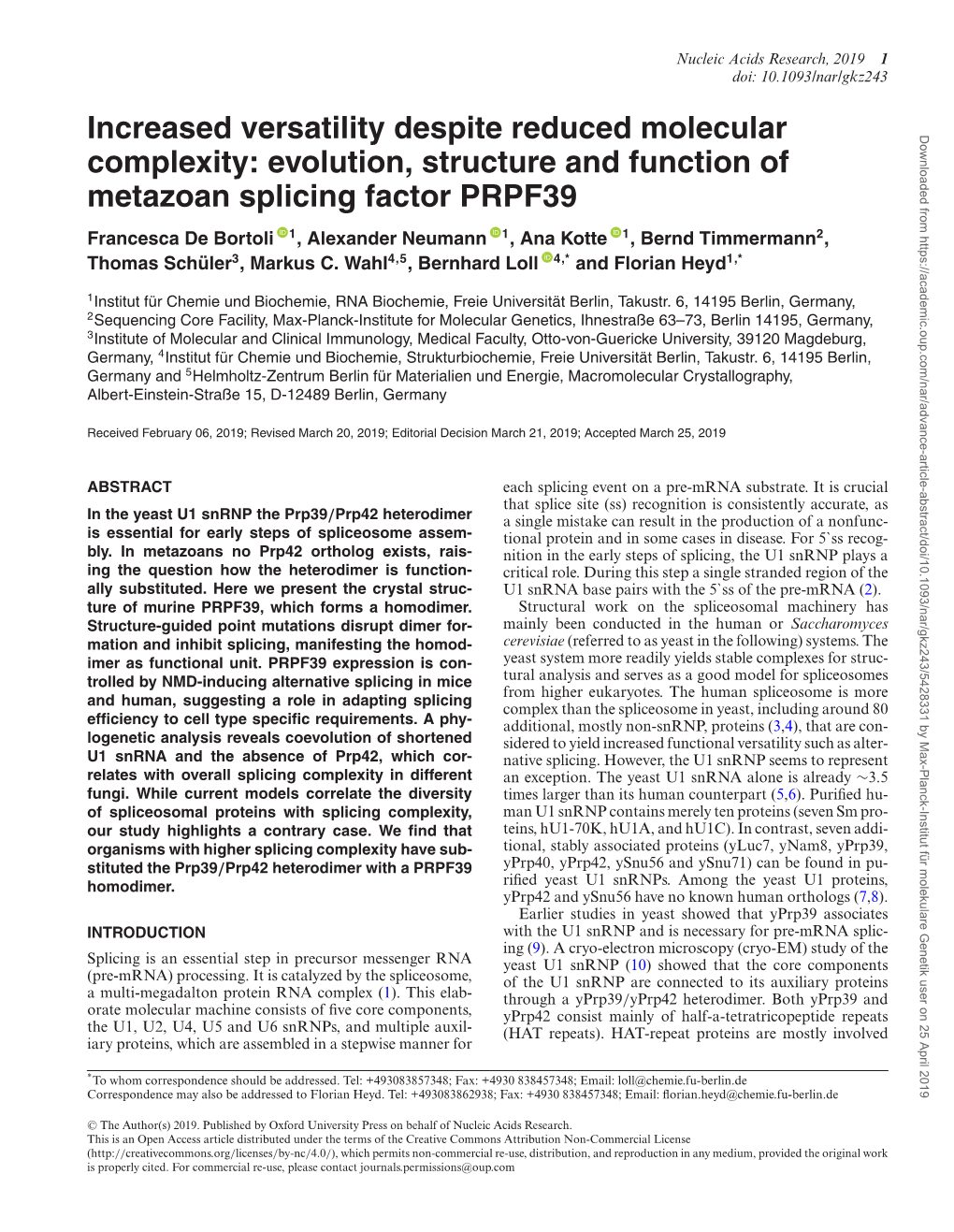 Increased Versatility Despite Reduced Molecular Complexity: Evolution, Structure and Function of Metazoan Splicing Factor PRPF39