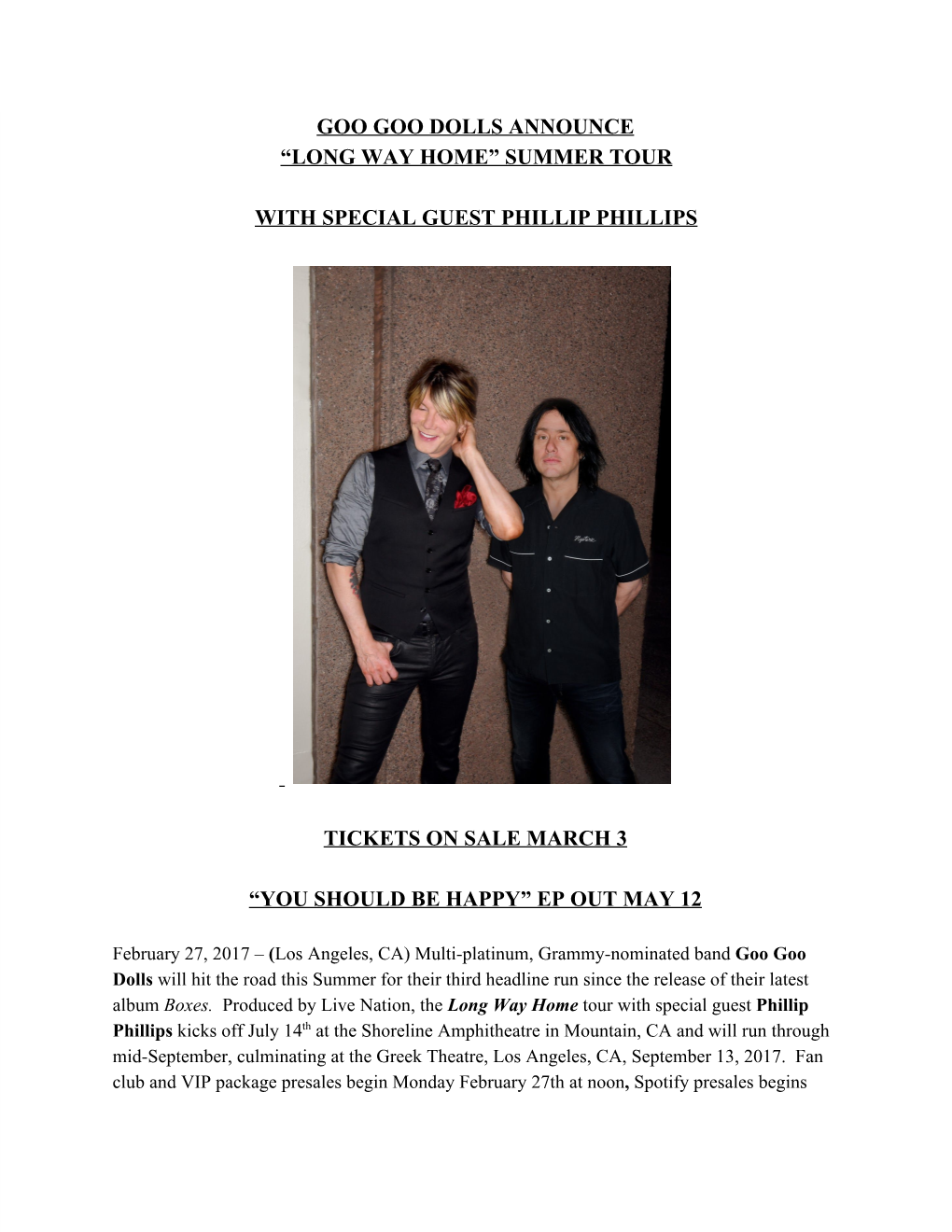 Goo Goo Dolls Announce “Long Way Home” Summer Tour