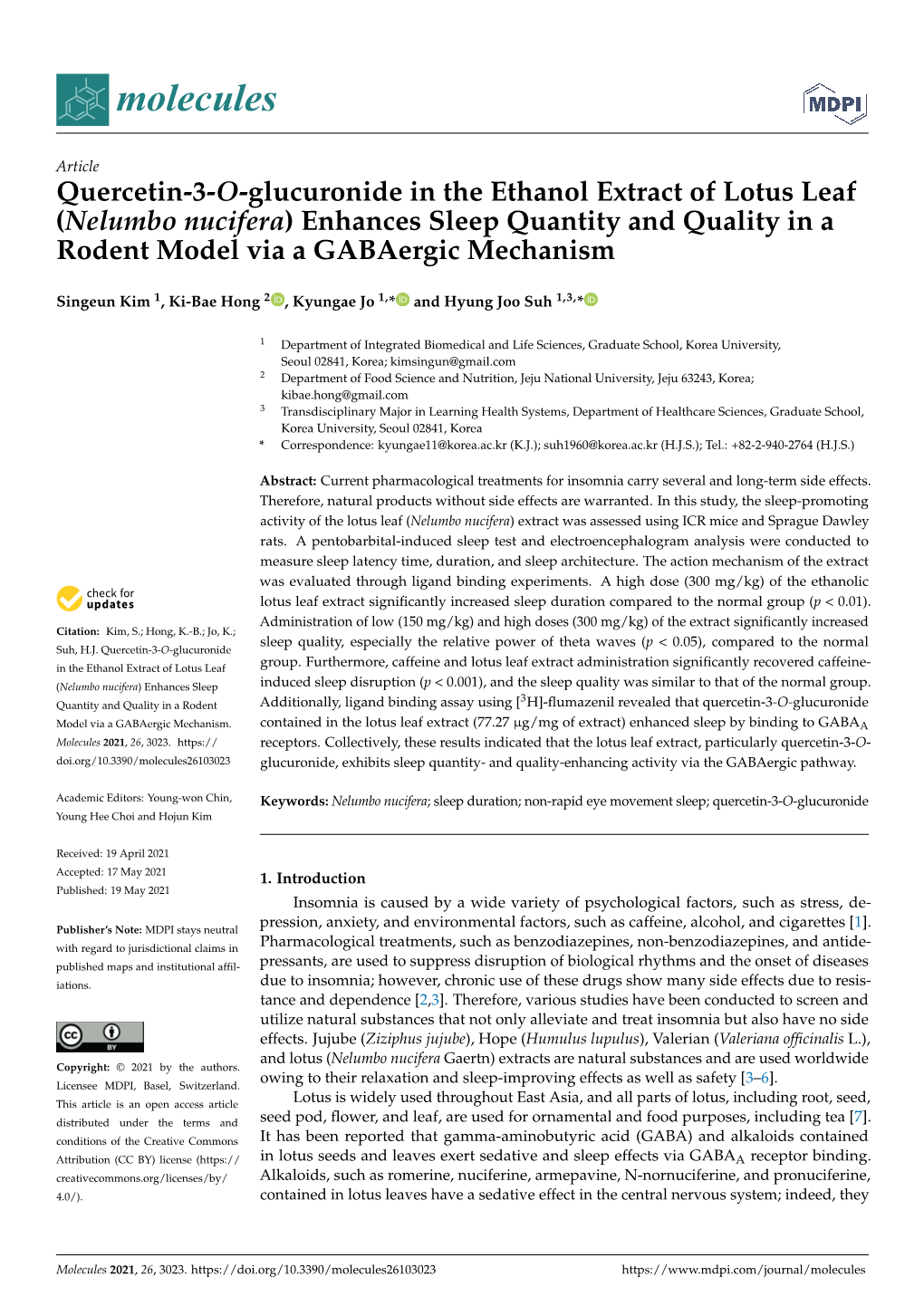 Quercetin-3-O-Glucuronide in the Ethanol Extract of Lotus Leaf (Nelumbo Nucifera) Enhances Sleep Quantity and Quality in a Rodent Model Via a Gabaergic Mechanism