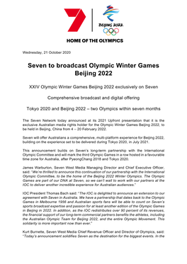 Seven to Broadcast Olympic Winter Games Beijing 20