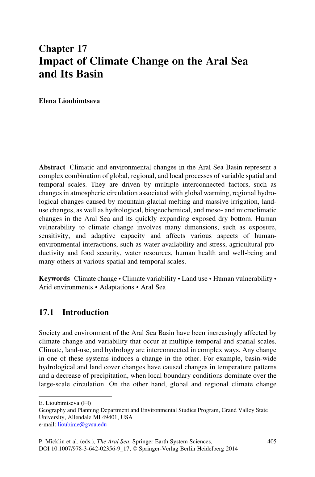 Impact of Climate Change on the Aral Sea and Its Basin