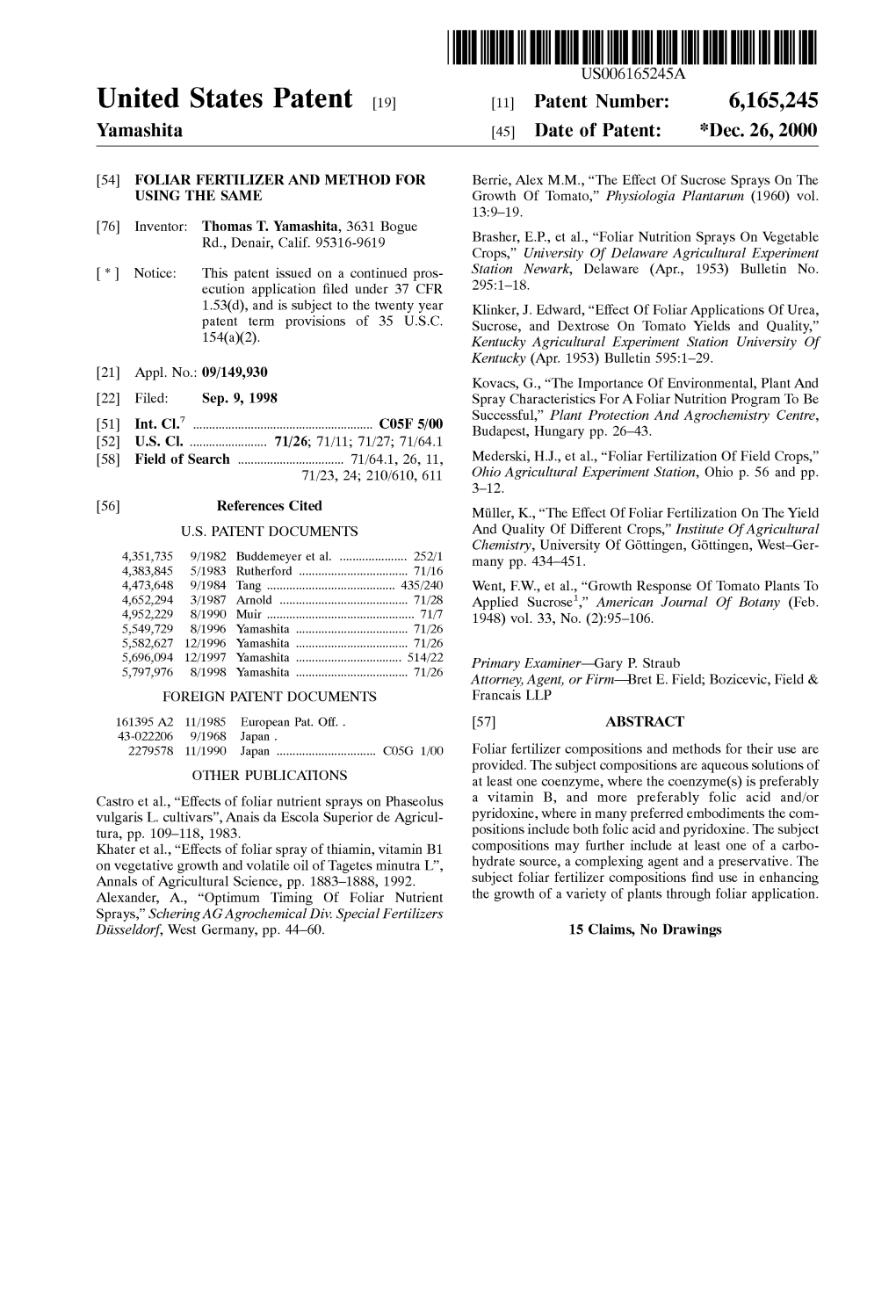 United States Patent (19) 11 Patent Number: 6,165,245 Yamashita (45) Date of Patent: *Dec