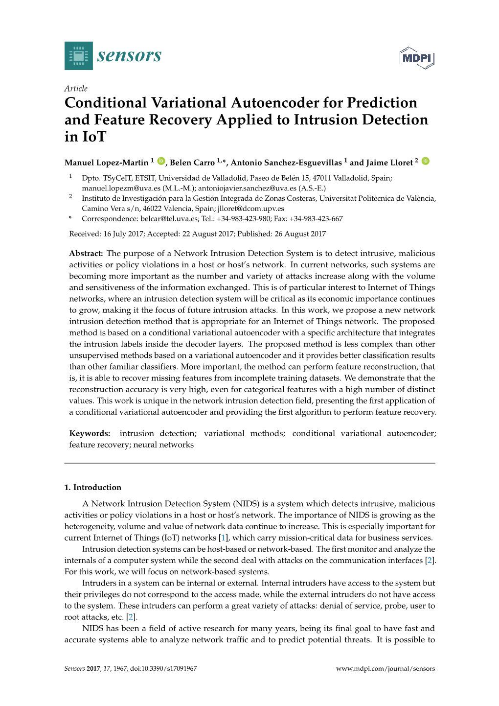 Conditional Variational Autoencoder for Prediction and Feature Recovery Applied to Intrusion Detection in Iot