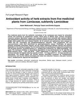 Antioxidant Activity of Herb Extracts from Five Medicinal Plants from Lamiaceae, Subfamily Lamioideae