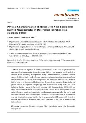 Physical Characterization of Mouse Deep Vein Thrombosis Derived Microparticles by Differential Filtration with Nanopore Filters