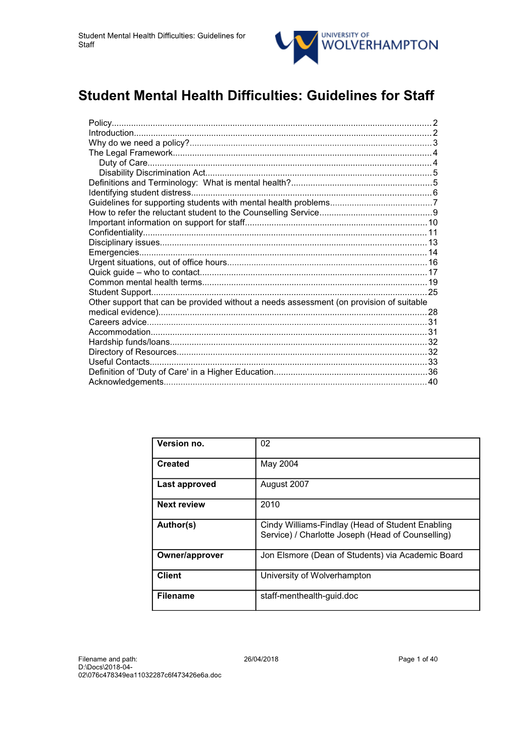 Student Mental Health Difficulties: Guidelines for Staff