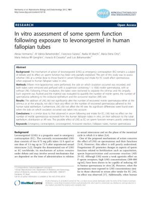 In Vitro Assessment of Some Sperm Function Following Exposure To