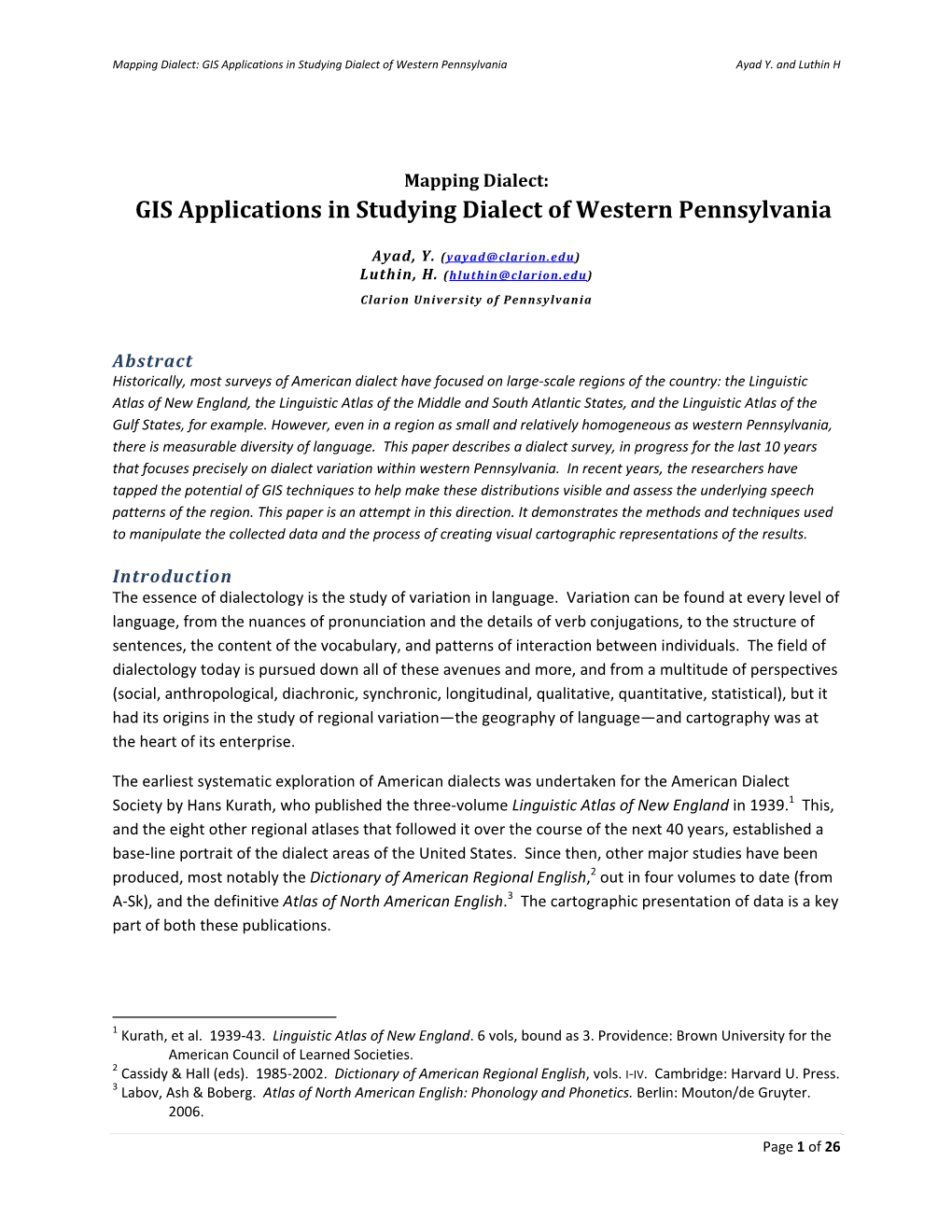 GIS Applications in Studying Dialect of Western Pennsylvania Ayad Y