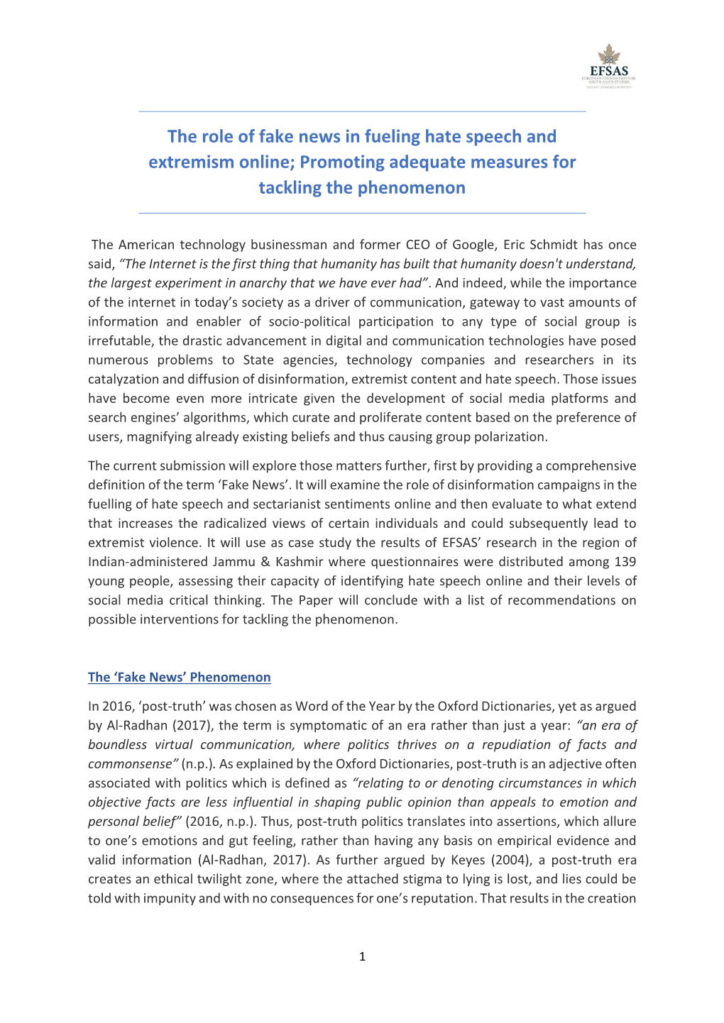 The Role of Fake News in Fueling Hate Speech and Extremism Online; Promoting Adequate Measures for Tackling the Phenomenon