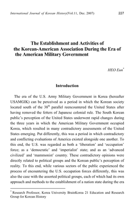 The Establishment and Activities of the Korean-American Association During the Era of the American Military Government