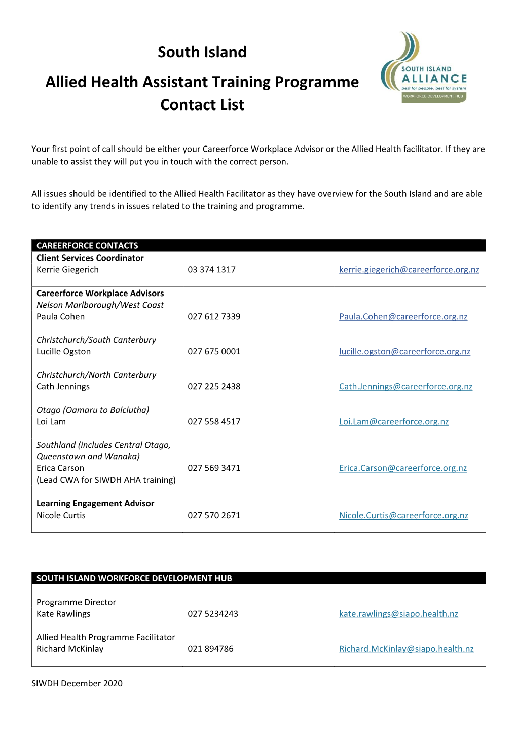 South Island Allied Health Assistant Training Programme Contact List