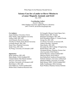 Science Case for a Lander Or Rover Mission to a Lunar Magnetic Anomaly and Swirl July, 2020