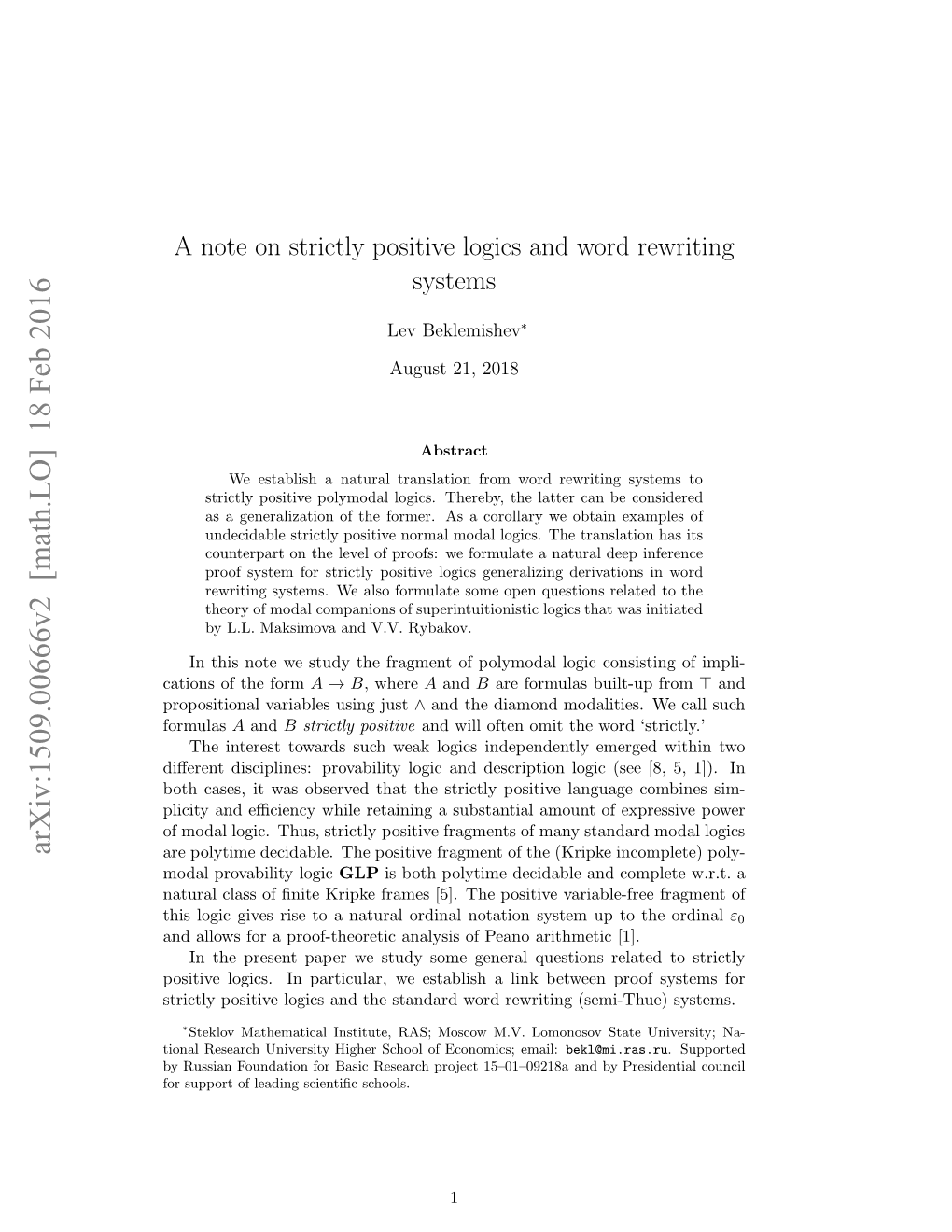 A Note on Strictly Positive Logics and Word Rewriting Systems