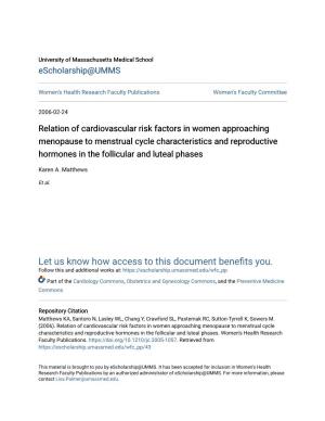 Relation of Cardiovascular Risk Factors in Women Approaching Menopause