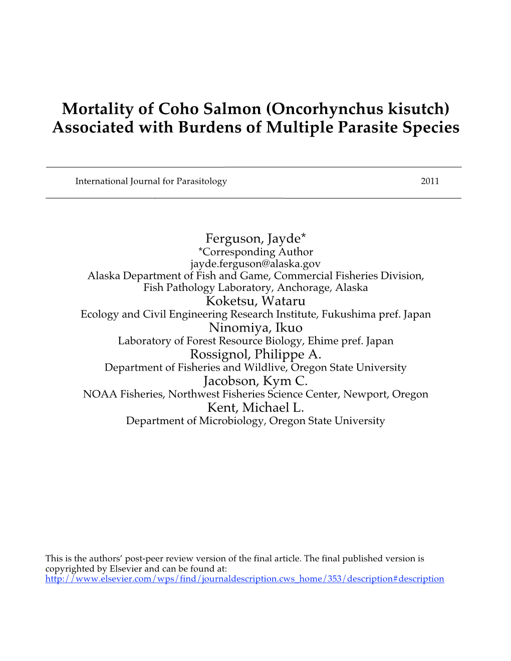 Chapter 6: Mortality of Coho Salmon (Oncorhynchus Kisutch) Associated