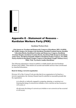 Appendix E - Statement of Reasons – Kurdistan Workers Party (PKK)
