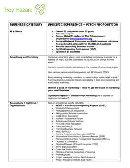 Business Category Specific Experience – Pitch Proposition