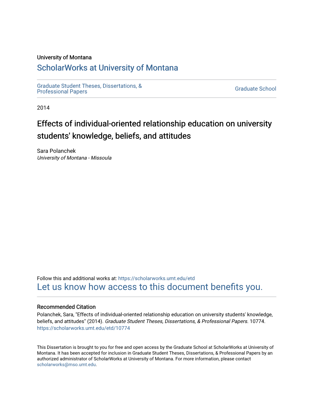 Effects of Individual-Oriented Relationship Education on University Students' Knowledge, Beliefs, and Attitudes