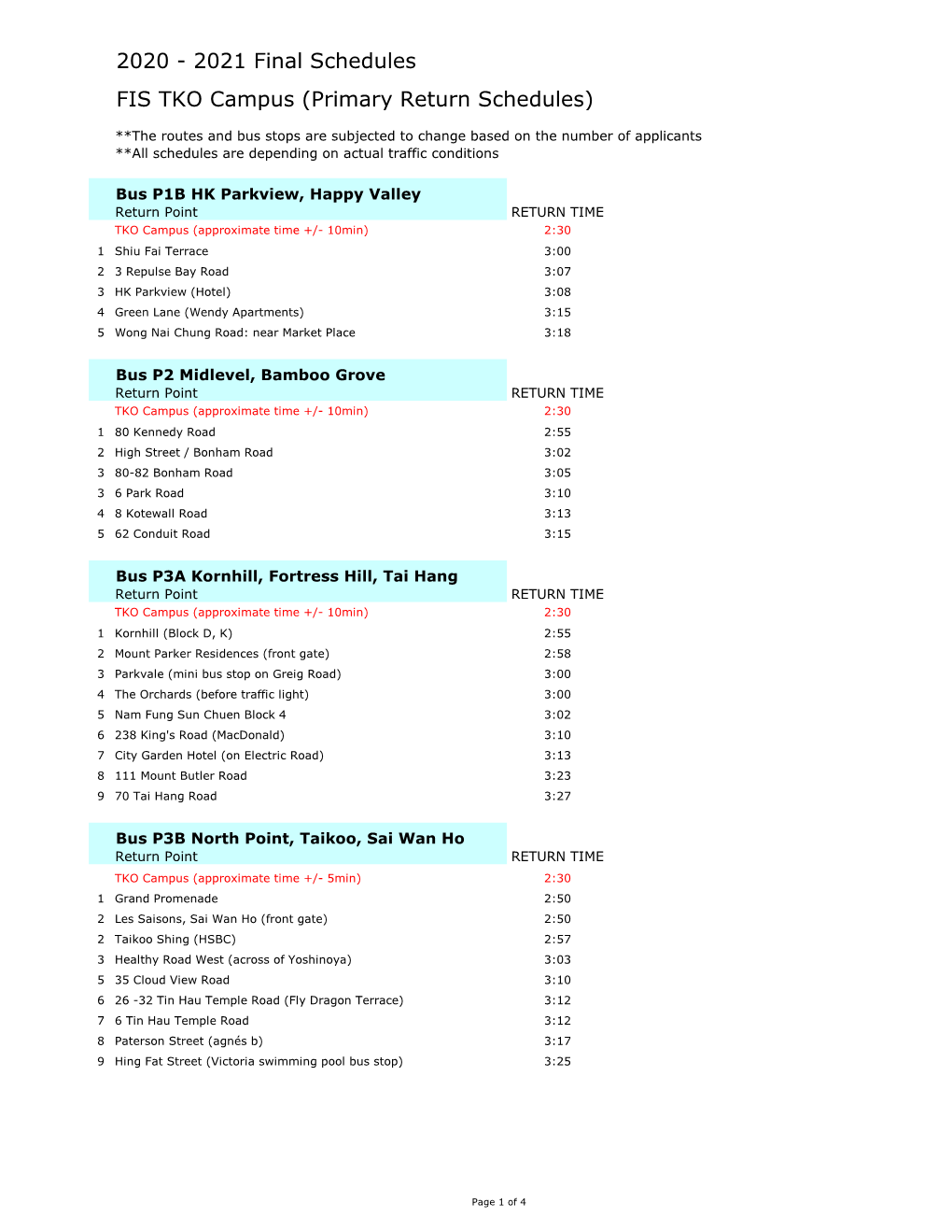 2020 - 2021 Final Schedules FIS TKO Campus (Primary Return Schedules)