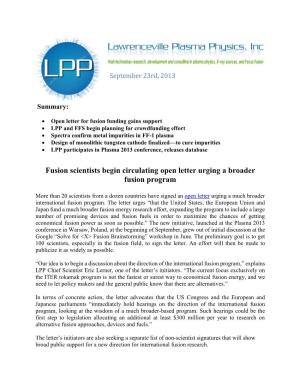 LPP Focus Fusion Report September 20, 2011